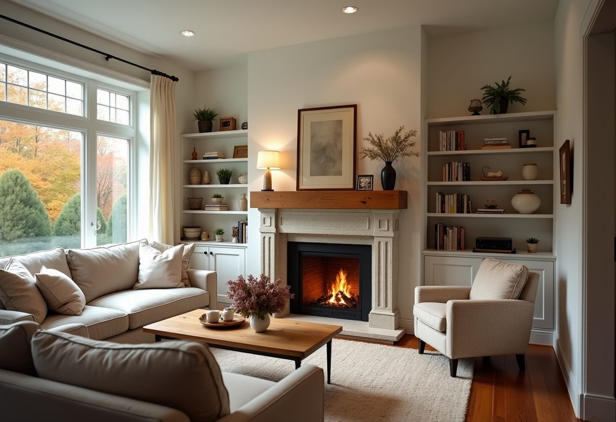 Lit stone fireplace in a bright living room — Lakewood